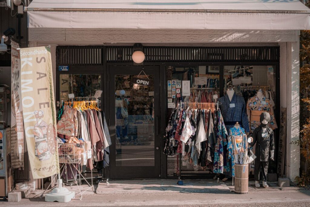 Explore this delightful secondhand kimono store in Kyoto, showcasing traditional Japanese fashion.